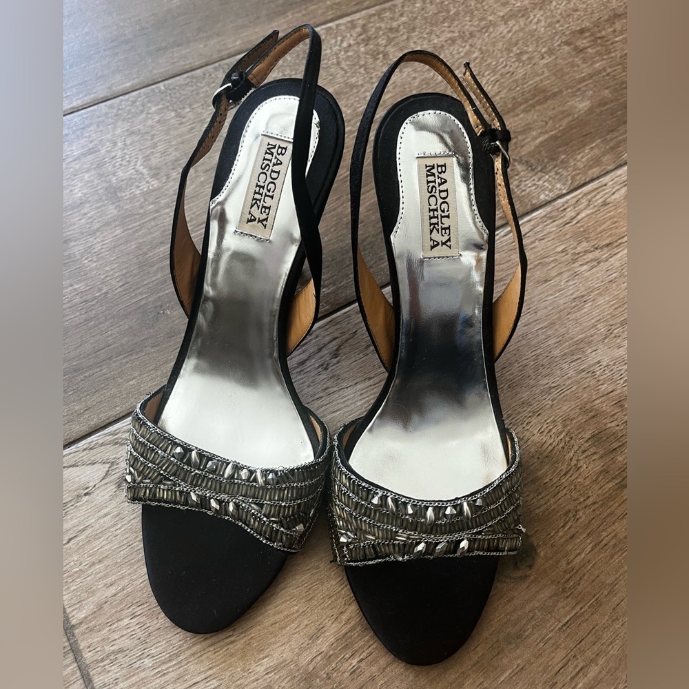 Badgley Mischka Black Satin Slingbacks